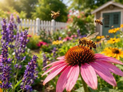 Multiple bees collecting nectar from colorful flowers in a sunny pollinator-friendly garden