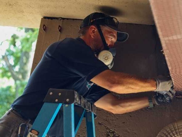 Bird Netting Installation for Long-Term Bird Control Technician installing bird netting on a building to prevent birds from roosting